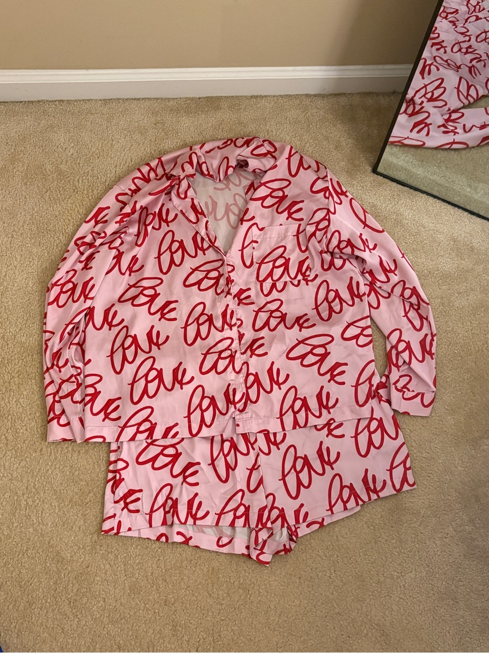 Auden Satin Pink & Red 'Love' Script Pajama Set - Long Sleeve Top & Shorts